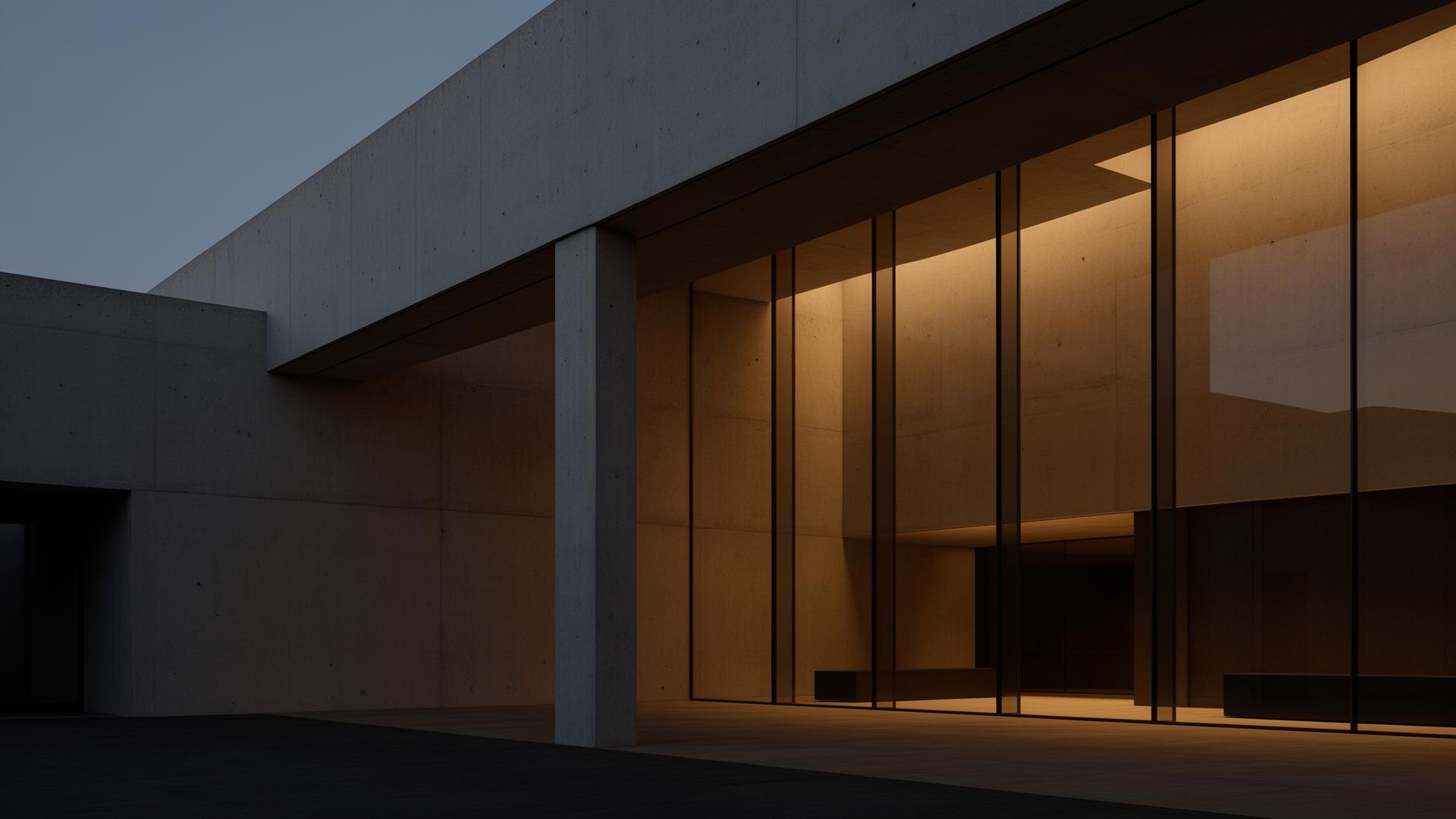 Concrete and glass institutional building at dusk